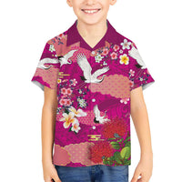 Hawaiian and Japanese Culture Together Family Matching Off Shoulder Maxi Dress and Hawaiian Shirt Pink Ohia Lehua Plumeria and Sakura Blooming LT03 Son's Shirt Pink - Polynesian Pride