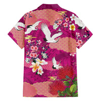 Hawaiian and Japanese Culture Together Family Matching Off Shoulder Short Dress and Hawaiian Shirt Pink Ohia Lehua Plumeria and Sakura Blooming LT03 - Polynesian Pride