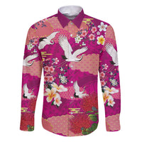 Hawaiian and Japanese Culture Together Family Matching Puletasi and Hawaiian Shirt Pink Ohia Lehua Plumeria and Sakura Blooming LT03 Dad's Shirt - Long Sleeve Pink - Polynesian Pride