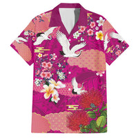 Hawaiian and Japanese Culture Together Family Matching Short Sleeve Bodycon Dress and Hawaiian Shirt Pink Ohia Lehua Plumeria and Sakura Blooming LT03 Dad's Shirt - Short Sleeve Pink - Polynesian Pride