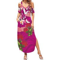 Hawaiian and Japanese Culture Together Family Matching Summer Maxi Dress and Hawaiian Shirt Pink Ohia Lehua Plumeria and Sakura Blooming LT03 Mom's Dress Pink - Polynesian Pride