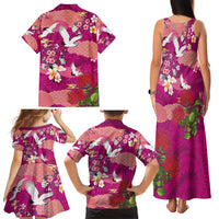 Hawaiian and Japanese Culture Together Family Matching Tank Maxi Dress and Hawaiian Shirt Pink Ohia Lehua Plumeria and Sakura Blooming - Polynesian Pride