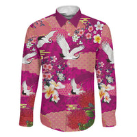 Hawaiian and Japanese Culture Together Family Matching Tank Maxi Dress and Hawaiian Shirt Pink Ohia Lehua Plumeria and Sakura Blooming LT03 Dad's Shirt - Long Sleeve Pink - Polynesian Pride