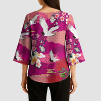 Hawaiian and Japanese Culture Together Kimono Sleeve Blouse Pink Ohia Lehua Plumeria and Sakura Blooming - Polynesian Pride