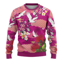 Hawaiian and Japanese Culture Together Ugly Christmas Sweater Pink Ohia Lehua Plumeria and Sakura Blooming - Polynesian Pride