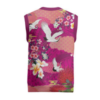 Hawaiian and Japanese Culture Together Christmas Knitted V-Neck Vest Pink Ohia Lehua Plumeria and Sakura Blooming - Polynesian Pride