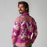 Hawaiian and Japanese Culture Together Long Sleeve Polo Shirt Pink Ohia Lehua Plumeria and Sakura Blooming - Polynesian Pride