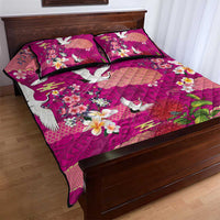 Hawaiian and Japanese Culture Together Quilt Bed Set Pink Ohia Lehua Plumeria and Sakura Blooming - Polynesian Pride
