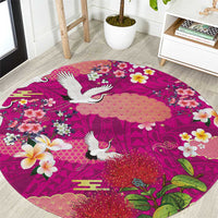 Hawaiian and Japanese Culture Together Round Carpet Pink Ohia Lehua Plumeria and Sakura Blooming - Polynesian Pride