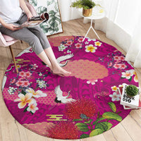Hawaiian and Japanese Culture Together Round Carpet Pink Ohia Lehua Plumeria and Sakura Blooming - Polynesian Pride