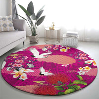 Hawaiian and Japanese Culture Together Round Carpet Pink Ohia Lehua Plumeria and Sakura Blooming - Polynesian Pride