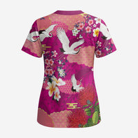 Hawaiian and Japanese Culture Together Scrub Top Pink Ohia Lehua Plumeria and Sakura Blooming - Polynesian Pride