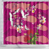 Hawaiian and Japanese Culture Together Shower Curtain Pink Ohia Lehua Plumeria and Sakura Blooming - Polynesian Pride