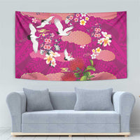 Hawaiian and Japanese Culture Together Tapestry Pink Ohia Lehua Plumeria and Sakura Blooming - Polynesian Pride