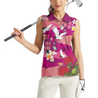 Hawaiian and Japanese Culture Together Women Sleeveless Polo Shirt Pink Ohia Lehua Plumeria and Sakura Blooming - Polynesian Pride