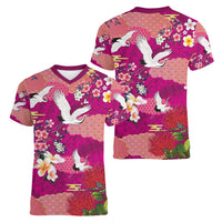 Hawaiian and Japanese Culture Together Women V-Neck T-Shirt Pink Ohia Lehua Plumeria and Sakura Blooming - Polynesian Pride