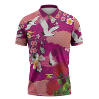 Hawaiian and Japanese Culture Together Zipper Polo Shirt Pink Ohia Lehua Plumeria and Sakura Blooming LT03 Pink - Polynesian Pride