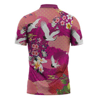 Hawaiian and Japanese Culture Together Zipper Polo Shirt Pink Ohia Lehua Plumeria and Sakura Blooming - Polynesian Pride