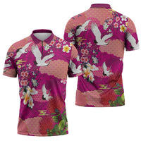 Hawaiian and Japanese Culture Together Zipper Polo Shirt Pink Ohia Lehua Plumeria and Sakura Blooming LT03 - Polynesian Pride