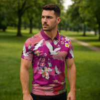 Hawaiian and Japanese Culture Together Zipper Polo Shirt Pink Ohia Lehua Plumeria and Sakura Blooming LT03 - Polynesian Pride