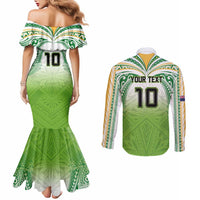 Custom Cook Islands Rugby League Couples Matching Mermaid Dress and Long Sleeve Button Shirt Tatau Tribal Motifs-Light Green Color - Polynesian Pride