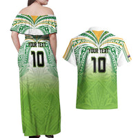 Custom Cook Islands Rugby League Couples Matching Off Shoulder Maxi Dress and Hawaiian Shirt Tatau Tribal Motifs-Light Green Color - Polynesian Pride