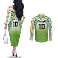 Custom Cook Islands Rugby League Couples Matching Off The Shoulder Long Sleeve Dress and Long Sleeve Button Shirt Tatau Tribal Motifs-Light Green Color - Polynesian Pride