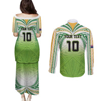 Custom Cook Islands Rugby League Couples Matching Puletasi and Long Sleeve Button Shirt Tatau Tribal Motifs-Light Green Color - Polynesian Pride