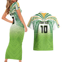 Custom Cook Islands Rugby League Couples Matching Short Sleeve Bodycon Dress and Hawaiian Shirt Tatau Tribal Motifs-Light Green Color - Polynesian Pride