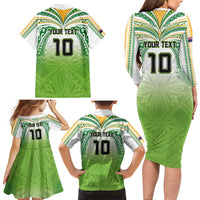 Custom Cook Islands Rugby League Family Matching Long Sleeve Bodycon Dress and Hawaiian Shirt Tatau Tribal Motifs-Light Green Color - Polynesian Pride