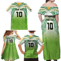 Custom Cook Islands Rugby League Family Matching Off Shoulder Maxi Dress and Hawaiian Shirt Tatau Tribal Motifs-Light Green Color - Polynesian Pride