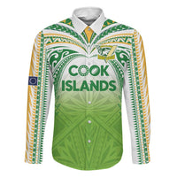 Custom Cook Islands Rugby League Family Matching Off Shoulder Maxi Dress and Hawaiian Shirt Tatau Tribal Motifs-Light Green Color LT03 Dad's Shirt - Long Sleeve Green - Polynesian Pride