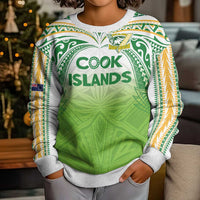 Custom Cook Islands Rugby League Kid Ugly Christmas Sweater Tatau Tribal Motifs-Light Green Color - Polynesian Pride