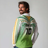Custom Cook Islands Rugby League Long Sleeve Polo Shirt Tatau Tribal Motifs-Light Green Color - Polynesian Pride