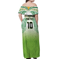 Custom Cook Islands Rugby League Off Shoulder Maxi Dress Tatau Tribal Motifs-Light Green Color - Polynesian Pride