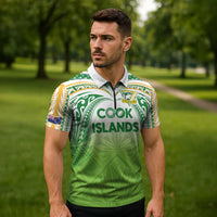 Custom Cook Islands Rugby League Zipper Polo Shirt Tatau Tribal Motifs-Light Green Color LT03 - Polynesian Pride