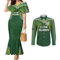 Custom Cook Islands Rugby League Couples Matching Mermaid Dress and Long Sleeve Button Shirt Tatau Tribal Motifs-Dark Green Color - Polynesian Pride