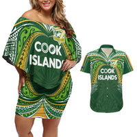 Custom Cook Islands Rugby League Couples Matching Off Shoulder Short Dress and Hawaiian Shirt Tatau Tribal Motifs-Dark Green Color LT03 Green - Polynesian Pride