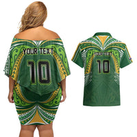 Custom Cook Islands Rugby League Couples Matching Off Shoulder Short Dress and Hawaiian Shirt Tatau Tribal Motifs-Dark Green Color - Polynesian Pride