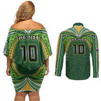 Custom Cook Islands Rugby League Couples Matching Off Shoulder Short Dress and Long Sleeve Button Shirt Tatau Tribal Motifs-Dark Green Color - Polynesian Pride