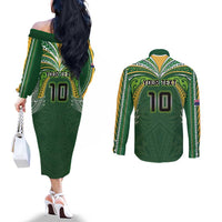 Custom Cook Islands Rugby League Couples Matching Off The Shoulder Long Sleeve Dress and Long Sleeve Button Shirt Tatau Tribal Motifs-Dark Green Color - Polynesian Pride