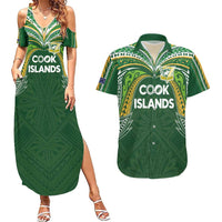 Custom Cook Islands Rugby League Couples Matching Summer Maxi Dress and Hawaiian Shirt Tatau Tribal Motifs-Dark Green Color LT03 Green - Polynesian Pride