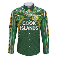 Custom Cook Islands Rugby League Family Matching Long Sleeve Bodycon Dress and Hawaiian Shirt Tatau Tribal Motifs-Dark Green Color LT03 Dad's Shirt - Long Sleeve Green - Polynesian Pride