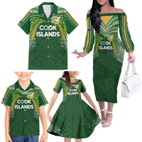 Custom Cook Islands Rugby League Family Matching Off The Shoulder Long Sleeve Dress and Hawaiian Shirt Tatau Tribal Motifs-Dark Green Color - Polynesian Pride