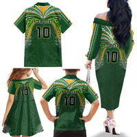 Custom Cook Islands Rugby League Family Matching Off The Shoulder Long Sleeve Dress and Hawaiian Shirt Tatau Tribal Motifs-Dark Green Color - Polynesian Pride