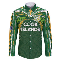 Custom Cook Islands Rugby League Family Matching Off The Shoulder Long Sleeve Dress and Hawaiian Shirt Tatau Tribal Motifs-Dark Green Color LT03 Dad's Shirt - Long Sleeve Green - Polynesian Pride