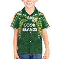 Custom Cook Islands Rugby League Family Matching Off The Shoulder Long Sleeve Dress and Hawaiian Shirt Tatau Tribal Motifs-Dark Green Color LT03 Son's Shirt Green - Polynesian Pride