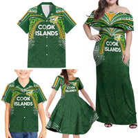 Custom Cook Islands Rugby League Family Matching Off Shoulder Maxi Dress and Hawaiian Shirt Tatau Tribal Motifs-Dark Green Color LT03 - Polynesian Pride