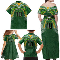 Custom Cook Islands Rugby League Family Matching Off Shoulder Maxi Dress and Hawaiian Shirt Tatau Tribal Motifs-Dark Green Color - Polynesian Pride