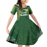 Custom Cook Islands Rugby League Family Matching Off Shoulder Short Dress and Hawaiian Shirt Tatau Tribal Motifs-Dark Green Color LT03 Daughter's Dress Green - Polynesian Pride